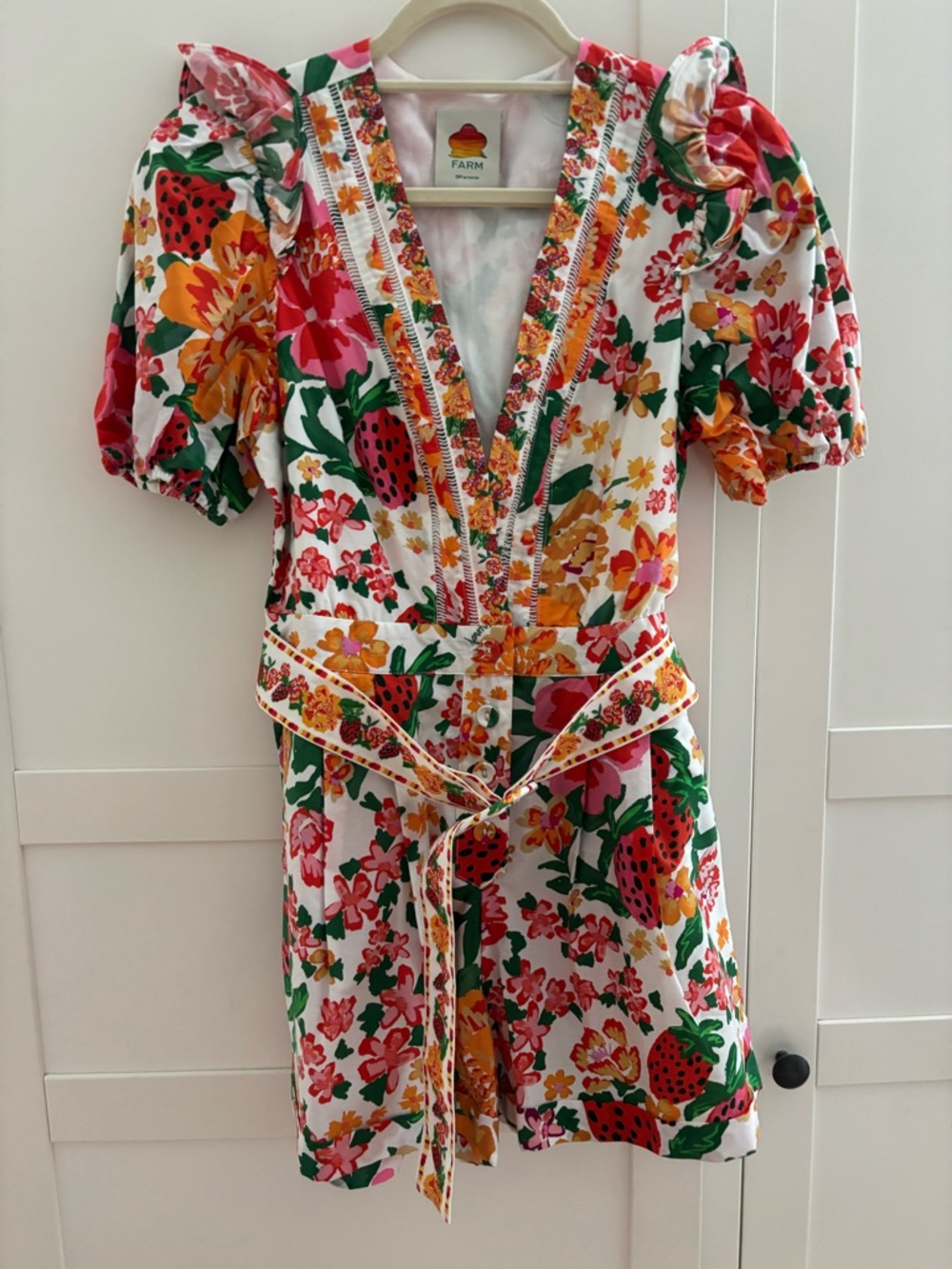 FARM Rio White Multi Strawberry Floral V‑Neck Belted Romper